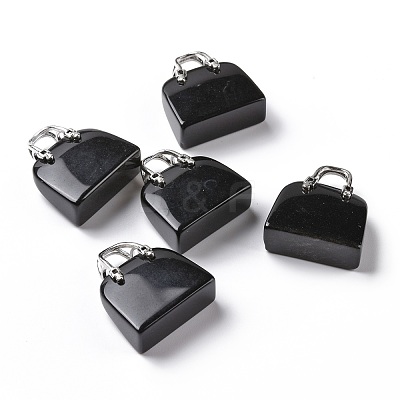 Natural Black Obsidian Brass Pendants KK-E274-01P-011-1
