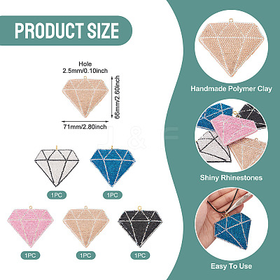 5Pcs 5 Colors Handmade Polymer Clay Rhinestone Big Pendants CLAY-BT0001-16-1