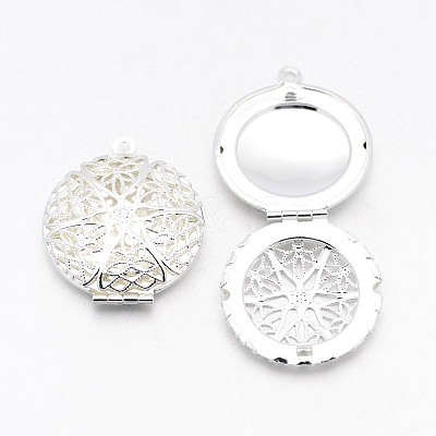 Flat Round Brass Diffuser Locket Pendants X-KK-J010-S-1