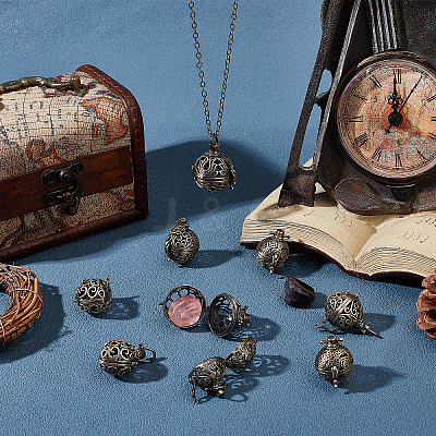 10Pcs 5 Styles Round Brass Hollow Cage Pendants KK-SC0003-05-1