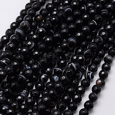 Natural Black Striped Agate/Banded Agate Beads Strands G-G581-6mm-03-1