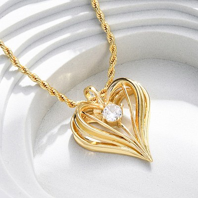 Brass Pave Clear Cubic Zirconia Heart Pendant Necklaces for Women NJEW-K381-07C-G-1