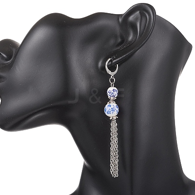 Handmade Flower Printed Porcelain Ceramic Beads Leverback Earrings EJEW-JE06893-1