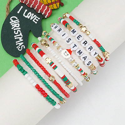 9Pcs Christmas Acrylic & Polymer Clay & Glass Beads Stretch Bracelets QX4351-7-1