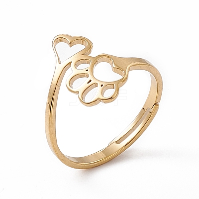 Ion Plating(IP) 201 Stainless Steel Heart & Dog Paw Prints Adjustable Ring for Women RJEW-K238-09G-1