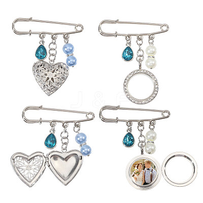 4Pcs 2 Styles 316 Stainless Steel and Alloy Diffuser Locket Pendants Brooches Sets JEWB-CA00014-1