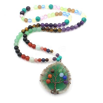 Wire Wrap 7 Chakra Gemstone Tree of Life & Natural Agate Pendant Necklace PW-WG91792-02-1