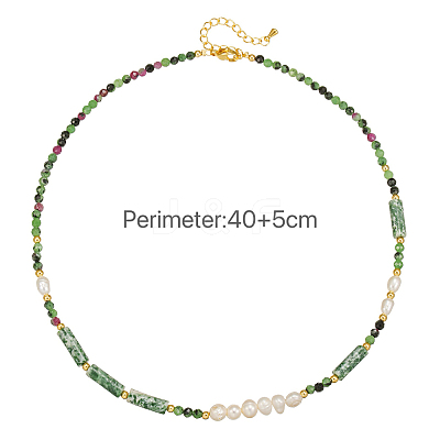 Faceted Round Natural Ruby in Zoisite & Column Green Spot Jasper & Freshwater Pearl Beaded Necklaces & Bracelets Sets for Women ZI1839-3-1