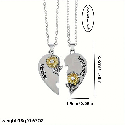 2Pcs Mother's Day Sunflower Heart Alloy Crystal Rhinestone Mother and Daughter Pendant Necklaces FS-WGEE931-01-1