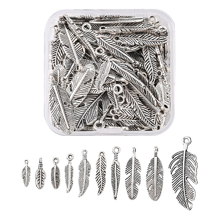 100Pcs 10 Style Tibetan Style Alloy Feather Pendants TIBEP-FS0001-07-1