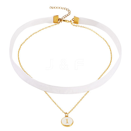 Alloy Enamel Letter Pendant Single Face White Velvet Ribbon & Brass Chain Double Layered Choker Necklaces NJEW-TAC0035-1