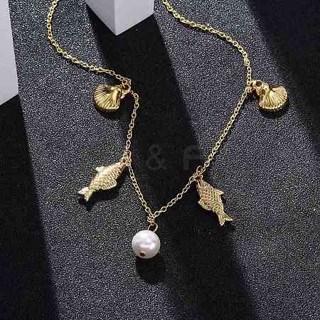 Summer Beach 304 Stainless Steel & Plastic Imitation Pearl Fish Shell Shaped Bib Necklaces for Women NJEW-U032-06G-1