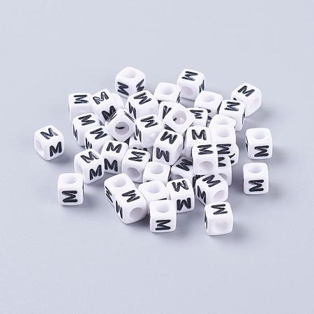 White Letter M Acrylic Cube Beads X-PL37C9308-M-1