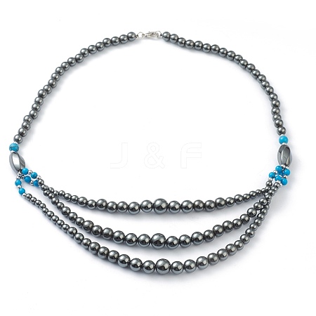 Non-Magnetic Synthetic Hematite & Turquoise Beades 3 Layer Necklaces NJEW-H307-01C-1