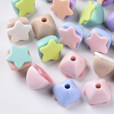  Jewelry Beads Findings Opaque Acrylic Beads, Two Tone, with Star Flat Plate, Half Drilled, Pyramid, Mixed Color, 16~17x16x13.5mm, Half Hole: 3.5mm