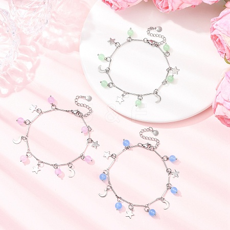 3Pcs Stainless Steel and Natural & Dyed Malaysia Jade Charm Bracelets BJEW-JB12418-1