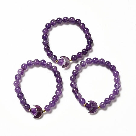 Natural Amethyst Moon and Star Beaded Stretch Bracelet for Women G-G997-C03-1