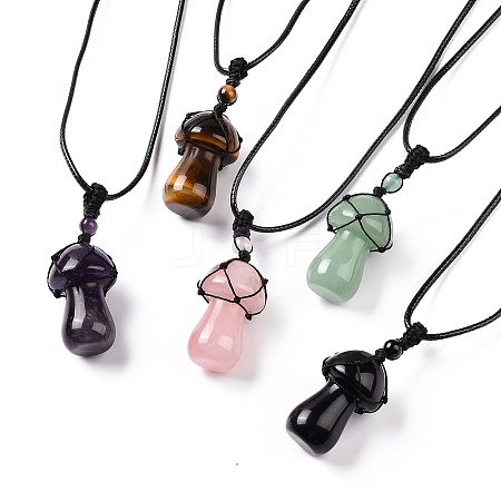 Natural Gemstone Mushroom Pendant Necklace NJEW-E065-01-1