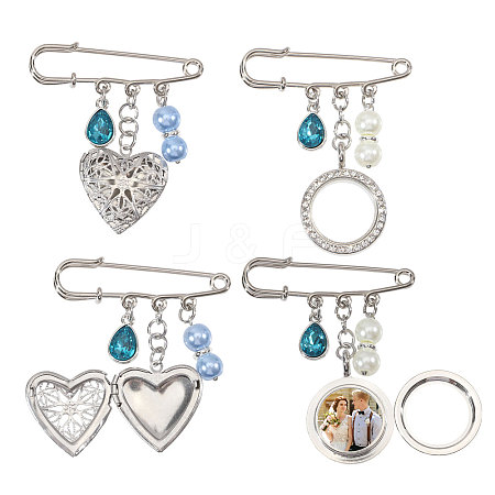 4Pcs 2 Styles 316 Stainless Steel and Alloy Diffuser Locket Pendants Brooches Sets JEWB-CA00014-1