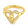 Heart with Letter Rack Plating Brass Micro Pave Clear Cubic Zirconia Adjustable Rings for Women RJEW-I105-01G-U-2