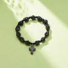 Natural Mashan Jade Skull Beaded Stretch Bracelet with Synthetic Turquoise(Dyed) Cross Charm BJEW-JB08378-03-2