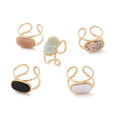 Ion Plating(IP) Natural Gemstone Oval Open Cuff Ring RJEW-G265-05G-1