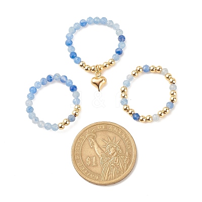3Pcs 3 Style Natural Gemstone & Brass Beaded Finger Rings with 304 Stainless Steel Heart Charms for Women RJEW-JR00471-1