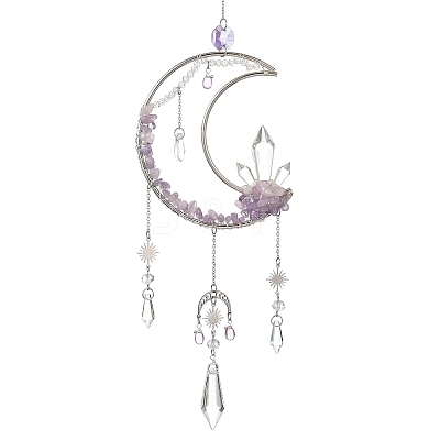 3Pcs 3 Styles Moon Natural Amethyst & Green Aventurine & Topaz Jade & 304 Stainless Steel & Brass Suncatchers HJEW-TA00488-1