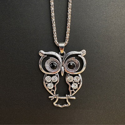 Vintage Alloy Rhinestone Hollow Carved Owl Pendant Necklaces for Women TQ3246-1-1