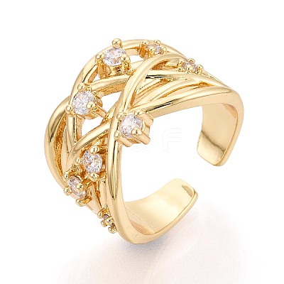Brass Micro Pave Clear Cubic Zirconia Open Cuff Rings KK-T079-61G-1