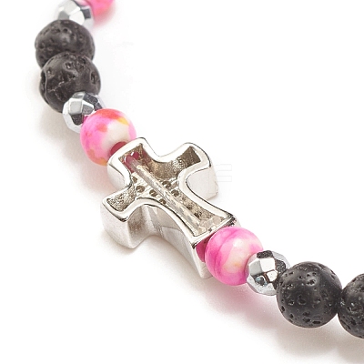 Natural & Synthetic Mixed Gemstone Beaded Stretch Bracelet with Clear Cubic Zirconia Cross for Women BJEW-JB08247-04-1