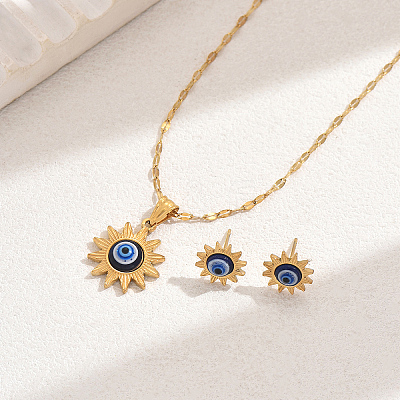 Vintage 201 Stainless Steel & Plastic Sun with Evil Eye Stud Earrings & Pendant Necklaces Set for Women EW9229-1