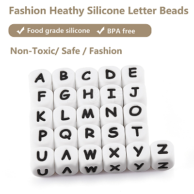 20Pcs White Cube Letter Silicone Beads 12x12x12mm Square Dice Alphabet Beads with 2mm Hole Spacer Loose Letter Beads for Bracelet Necklace Jewelry Making JX432D-1