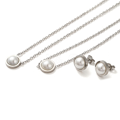 Flat Round Plastic Imitation Pearl Pendant Necklaces & Bracelets & Stud Earrings Sets SJEW-C004-02P-1