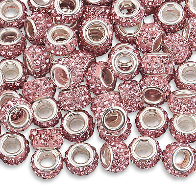 80Pcs Polymer Clay Rhinestone European Large Hole Beads with Silver Color Plated Brass Cores FPDL-LT0001-02C-1