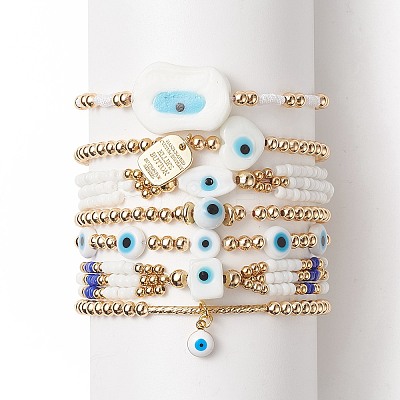 7Pcs 7 Style Evil Eye Lampwork & Glass Seed & Brass Beaded Stretch Bracelets Set for Women BJEW-JB09249-02-1