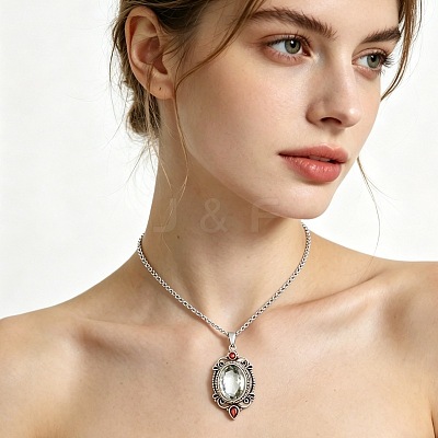 Alloy Glass Hollow Oval Pendant Necklaces for Women WG278AD-01-1