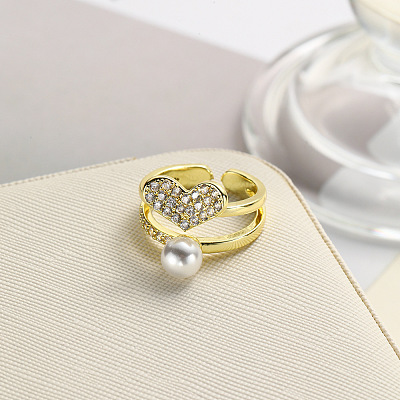 Heart Brass Micro Pave Cubic Zirconia Open Cuff Ring for Women LS-RJEW-F154-03G-A-1