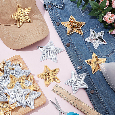 40Pcs 4 Styles Star Iron on/Sew on PVC Sequins Patches PATC-NB0001-33-1