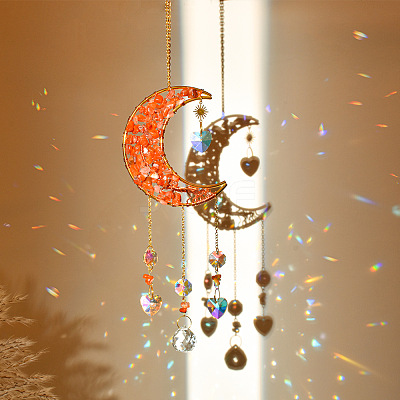 Natural Red Jasper Chip & Brass Moon Hanging Suncatcher Pendant Decoration PW23041118851-1