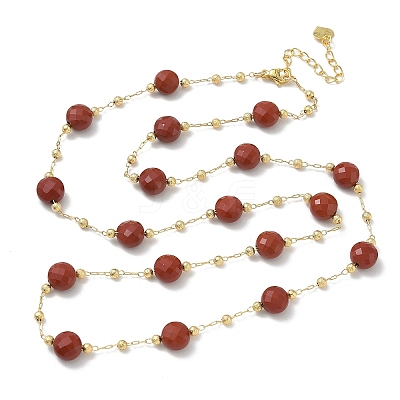 Natural Red Jasper Faceted Flat Round Beaded Chain Necklaces with Matte Brass Beads GG-CBA37F5-01G-01-1