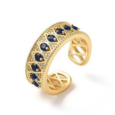 Horse Eye Brass Micro Pave Marine Blue Cubic Zirconia Cuff Rings RJEW-P088-04G-1
