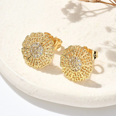 Brass Micro Pave Clear Cubic Zirconia Stud Earrings EJEW-D305-04G-1