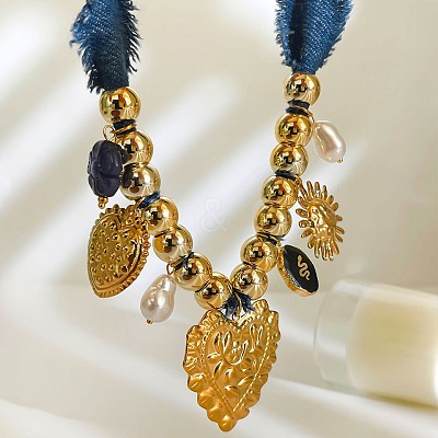 316L Surgical Stainless Steel & Resin & Plastic Pearl Heart Pendant Denim Cloth Bib Necklaces for Women WGD44EE-01-1