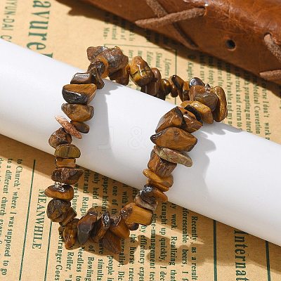 Unisex Chip Natural Tiger Eye Beaded Stretch Bracelets BJEW-S143-02-1
