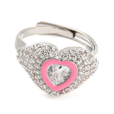 Enamel Heart Adjustable Ring with Clear Cubic Zirconia RJEW-Q781-01P-03-1