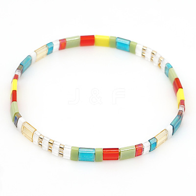 Bohemian Rainbow Glass Flat Double-Hole Bead Striped Women's Stretch Bracelets for Women QS8192-1-1