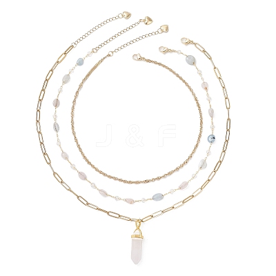 Natural Quartz Crystal Double Terminated Pointed Bullet Pendant 304 Stainless Steel & Brass Chain 3 Layer Necklaces for Women NJEW-JN05477-03-1