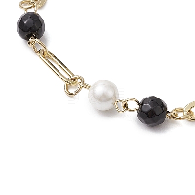 Shell Pearl Beads & Black Stone Link Bracelets BJEW-JB11270-1