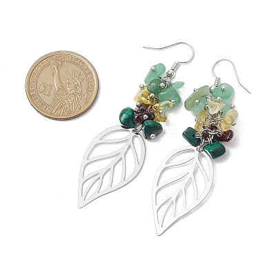 Leaf 201 Stainless Steel Natural Citrine & Natural Green Aventurine & Natural Malachite & Natural Garnet Chip Dangle Earrings EJEW-JE06138-02-1